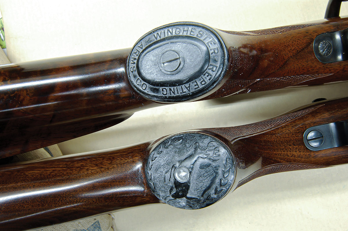 Here are homemade grip cap reproductions on a Winchester M52C (top) and custom-stocked Remington M722 (below).